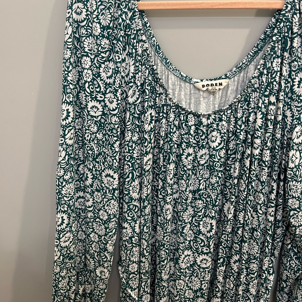 Boden Green White Scoop Neck Jersey Knit Dress Size 20-22L Floral EUC AD 1022 - Picture 5 of 9